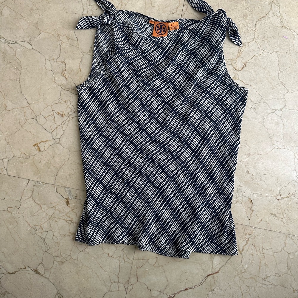 ***SOLD*** Tory Burch Blue and White Tank Top with Tie Front and Fitted Style